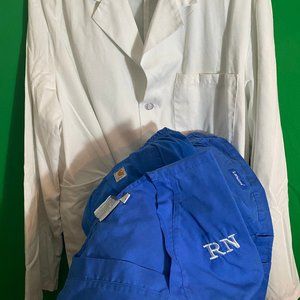 RN scrubs (incl'd lab coat, RN top, 2 pants)